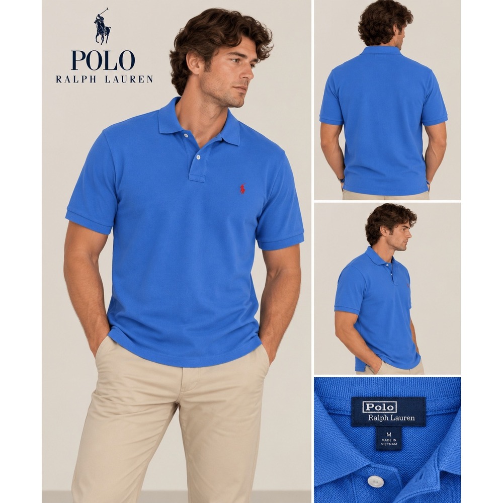 Polo Ralph Lauren Mens Medium Blue Short Sleeve Pique Cotton Polo Shirt Red Pony